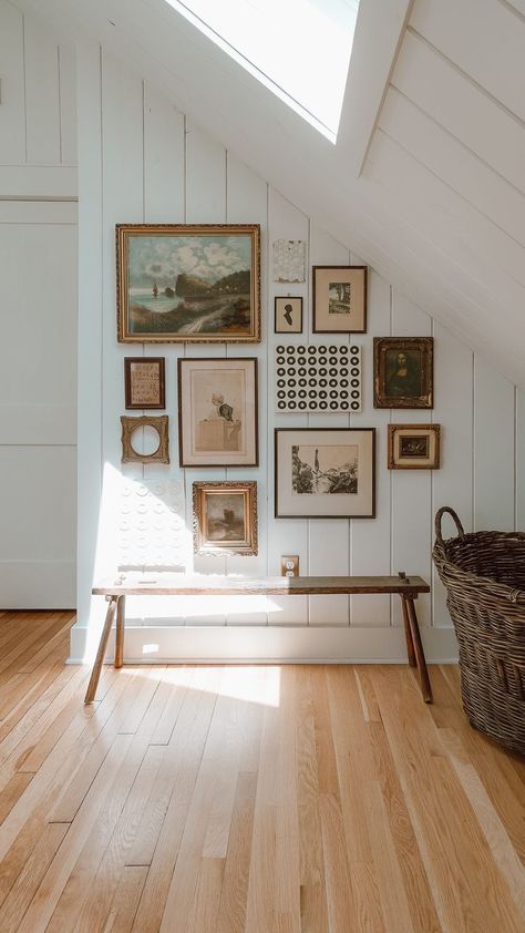 Gallery Wall Cottage, Office Decor Gallery Wall, Gallery Wall With Bench Underneath, Modern Vintage Wall Decor, Art Above Doorway, Attic Gallery Wall, Gallery Wall Above Bench, Gallery Wall On Wood Paneling, Wood Frame Gallery Wall