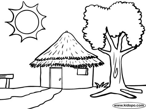 Download or print this amazing coloring page: Pin by AKWorld on drawing ...summer vacation | African hut ... Tiki Coloring Pages, African Huts, Hut Clipart, Mask Coloring Page, African Hut, House Drawing For Kids, Drawing Summer, Outline Pictures, Bahay Kubo