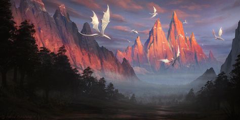 White Dragons Flying over a Forest - Mountains | ArtStation - Trail of the Gods, Deiv Calviz (David Villegas) Dragon Wallpaper, Groove Metal, Dragon Images, Legends And Myths, Environment Art, Fantasy Art Landscapes, Fantasy Dragon, Thrash Metal, 2d Art