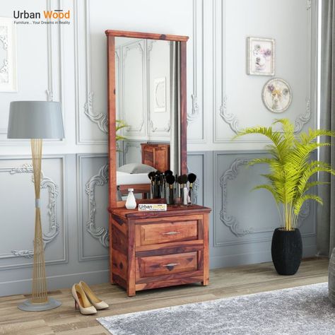 The carefully distressed finish adds character. Equipped with 2 drawers and combined with spacious tabletop, this makeup table provides enough space for you to store cosmetics, jewelries and other necessities. Wood Dressing Table, Makeup Table, Dressing Tables, Dressing Table, Oversized Mirror, 1 Year, Teak, Solid Wood, Table Top