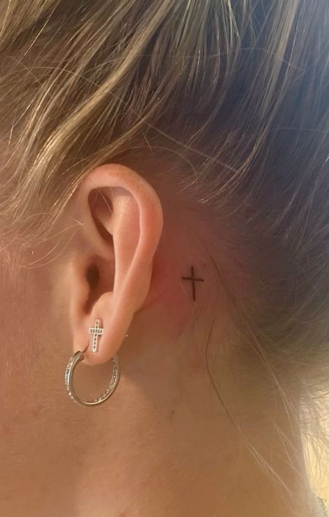 Small Cross Tattoo Behind Ear, Cross Tattoo Behind The Ear, Cross Tattoo Behind Ear, Cross Neck Tattoo, Cross Tattoo Neck, Tattoo Behind The Ear, Small Cross Tattoos, Small Cross Tattoo, Cross Tattoos For Women