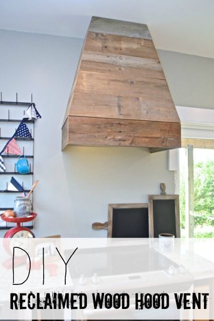 This DIY custom kitchen hood is made from reclaimed and rustic barn wood. This is such a grey addition to any kitchen design and decor. Paint it or leave it natural. Diy Wood Cabinet, Wood Vent Hood, Custom Kitchen Hood, Diy Barnwood, Wood Hood, Kitchen Vent Hood, Kitchen Vent, Kitchen Hood, Reclaimed Wood Projects