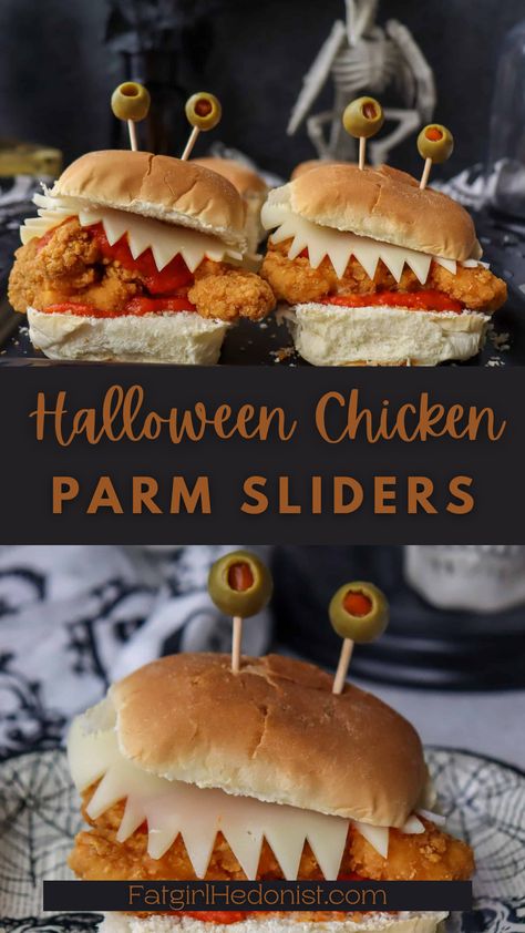 Halloween Chicken Parm Sliders, Halloween Themed Toddler Food, Monster Sliders Halloween, Goosebumps Themed Food, Halloween Mini Sandwiches, Halloween Themed Sliders, Halloween Entrees For Party, Halloween Chicken Dinner Ideas, Fun Halloween Dinners For Kids