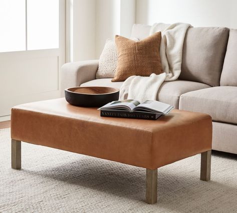 Arden Leather Ottoman | Pottery Barn Sofa And Ottoman Ideas, Leather Ottoman Coffee Table, Grey Couches, Outdoor Cushion Covers, Leather Bench, Coffee Table Rectangle, London House, Small Space Solutions, Upholstered Storage