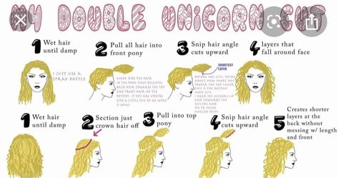 Unicorn Cut Curly Hair, Unicorn Haircut, Cut Curly Hair, Cut Own Hair, Haircut Curly Hair, Layered Curly Hair, Curly Hair Drawing, Diy Unicorn, How To Cut Your Own Hair