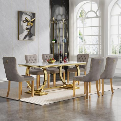 PRICES MAY VARY. 🥂Luxury 7 Piece Marble Dining Table Set: 7-Piece kitchen dining table set include 1 faux marble dining table, and 6 velvet dining chairs, which makes it perfectly sized for a dinette, kitchen, or any dining area. With a modern design and elegant shape, whether you want to enjoy dinner with your family at the dining table or gather with friends, this dining table set will be a good choice. 🥂70" Marble Dining Table: This stylish matrble dining table is perfect for bringing an ai Marble Kitchen Table, Dining Table Set For 6, Marble Dining Table Set, Faux Marble Dining Table, Kitchen Table Set, Marble Kitchen, Marble Dining Table, Marble Dining, Dining Table Set