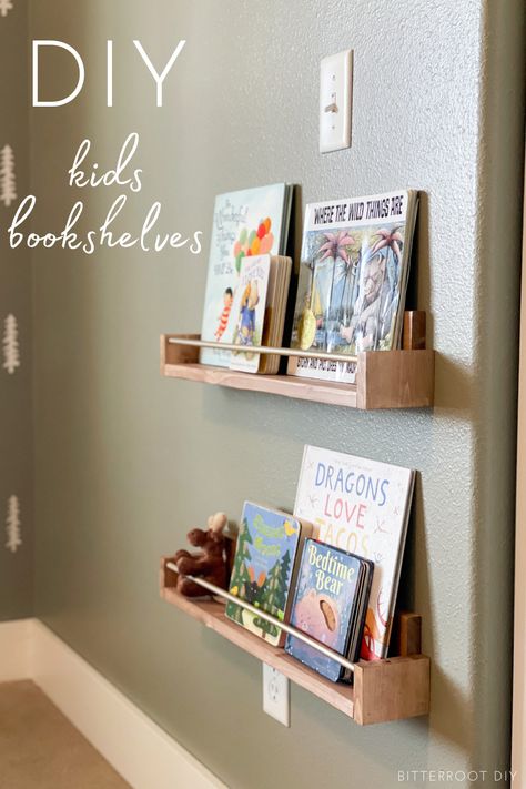 Kids Wall Bookshelves - Bitterroot DIY Floating Bookshelves Diy, Diy Nursery Shelf, Diy Nursery Bookshelves, Kids Wall Shelf, Wall Bookshelves Kids, Kids Wall Shelves, Diy Bookshelf Kids, Woodland Kids Room, Ikea Book