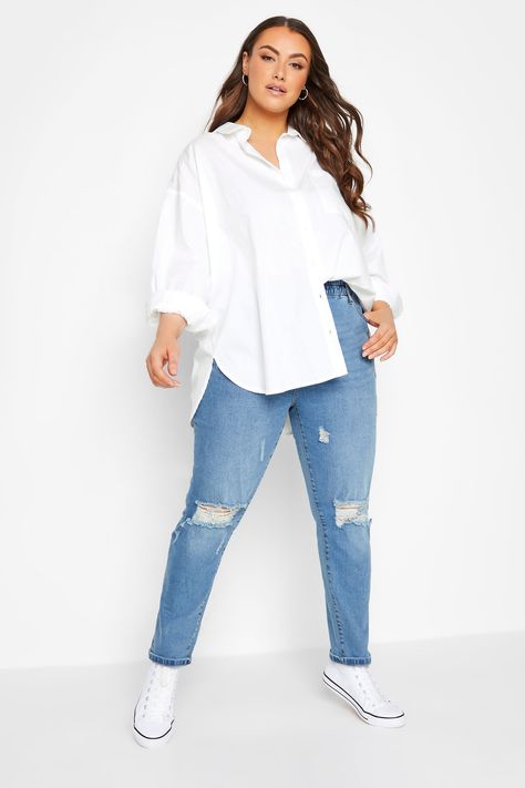 YOURS Plus Size White Poplin Oversized Shirt | Yours Clothing White Button Up Shirt Outfit Plus Size, Classic Outfits Plus Size, Plus Size White Button Down Shirt Outfit, White Oversized Shirt Outfit, Light Blue Shirt Outfit, White Long Sleeve Shirt Outfit, Long Sleeve Shirt Outfits, Oversized Shirt Outfit, White Shirt And Blue Jeans