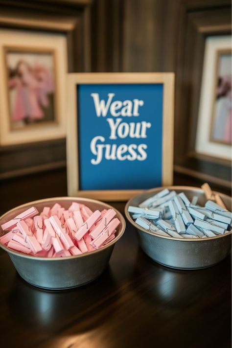 Looking for a fun game to engage your guests? A "Wear Your Guess" gender reveal game lets everyone pick a side by wearing a ribbon or pin to share their predictions. It’s playful and brings everyone together in the excitement. Try this interactive idea at your twins’ baby shower! Gender Reveal Activity, Gender Reveal For Twins Ideas, Friends Themed Gender Reveal, Up Gender Reveal Theme, Wear Your Guess Gender Reveal, Baby Shower Themes For Twins, Gender Reveal Games Ideas, Second Baby Gender Reveal, Gender Reveal Games Activities