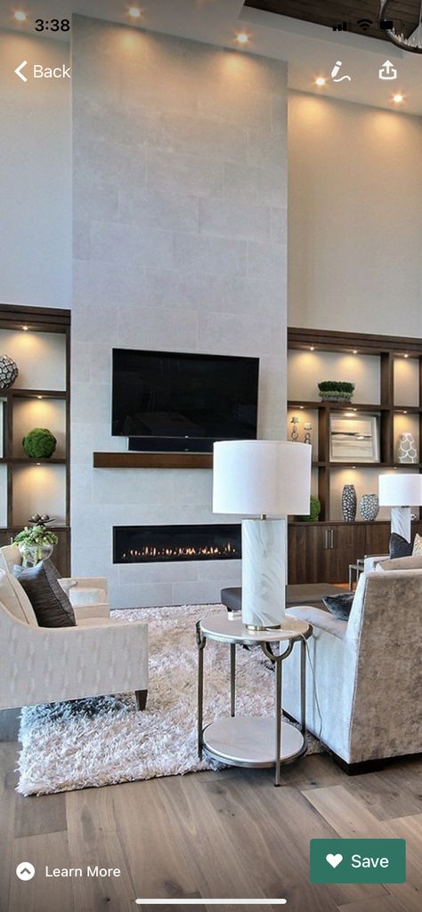 2 Story Entertainment Wall, Fireplace With High Ceiling Ideas, Tall Fireplace Wall High Ceilings Marble, Transitional Fireplace Wall With Tv, Great Room Wall Decor, Tall Fireplace Design, Tall Ceiling Fireplace Decor, High Ceiling Electric Fireplace Wall, Modern Fireplace Tall Ceilings