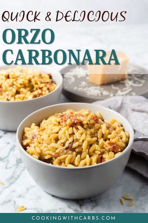 Orzo Carbonara, Carbonara With Egg, Orzo Pasta Recipes, Quick Dishes, Weekday Meals, Perfect Dinner, Orzo Pasta, Health Dinner, Healthy Recipies