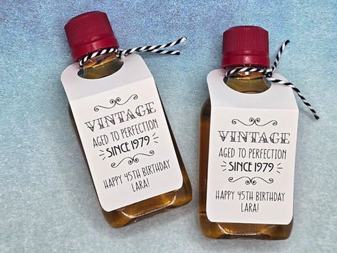 Small Liquor Bottles, Aged To Perfection Party, Vintage Aged To Perfection, Happy 45 Birthday, Liquor Bottle Labels, Mini Liquor Bottles, 50th Birthday Party Ideas, 45th Birthday, Mini Bottle