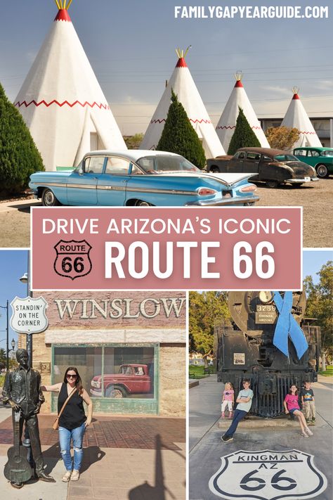 It doesn't get more American than driving Route 66 across Arizona, with iconic roadside attractions like the Wigwam Motel and Meteor Crater. Stand on the corner in Winslow, Arizona, and take a side trip to the Grand Canyon. Here's your ultimate guide to Route 66 in Arizona! Meteor Crater Arizona, Arizona Road Trip Map, Route 66 Road Trip Aesthetic, Winslow Arizona, Wigwam Motel, Route 66 Arizona, Route 66 Printable Sign, Route 66 Gas Station, Route 66 Attractions