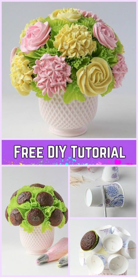 DIY Flower Cupcake Bouquet in Pot Tutorials-DIY Blooming Cupcake Bouquet in 5 Steps Flower Pot Cupcake, Flower Cupcake Boquets, Diy Cupcake Bouquet Tutorials, Flower Pot Cupcakes Ideas, Cupcake Flower Arrangement, Small Cupcake Bouquet, Easy Cupcake Bouquet, How To Make A Cupcake Bouquet Tutorials, Flower Bouquet Cupcake Cake