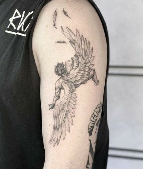 Icarus Tattoo, Fallen Angel Tattoo, Mythology Tattoos, Greek Tattoos, Small Tattoos For Guys, Hand Tattoos For Guys, Angel Tattoo, Dark Tattoo, Black Ink Tattoos