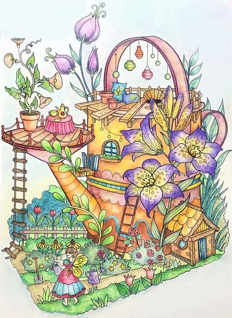 A watering can fairy house with a fabulous garden From the Julia Rivers Peaceful Village of Dreams book illustrated by Forest Diver. Used Lyra Polycolor, Holbein, Lightfast, Luminance pencils, pan pastels. Dream Garden Drawing, Fairy Houses Illustration, Fantasy Garden Drawing, Fairy Garden Ideas Drawing, Water Fairy House, House With Garden Drawing, Flower House Drawing, Fairy Houses Drawing, Cottage Drawing Fairytale