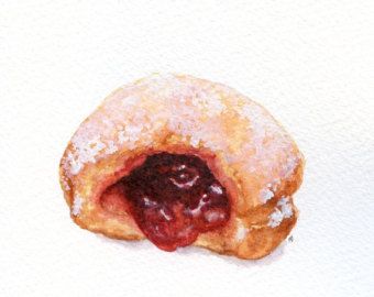 Pastry Watercolor, Watercolour Food, Still Life Kitchen, Jelly Donut, Watercolor Food Illustration, Wall Art For Kitchen, Jelly Doughnuts, Watercolour Wall Art, Food Art Painting