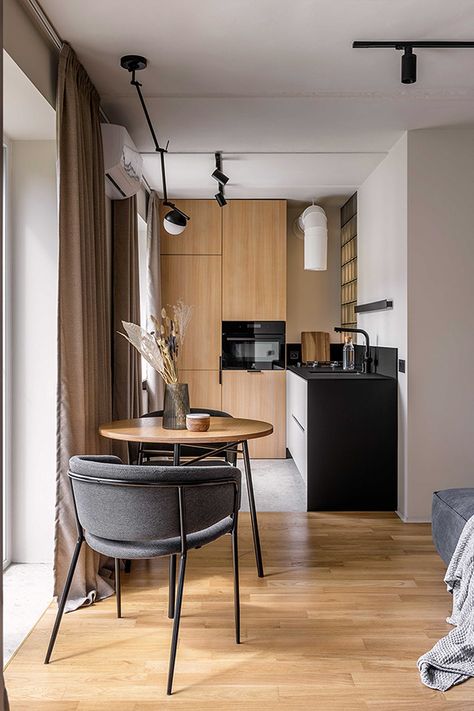 Studio Unit Interior Design Small Apartments, Small Kitchen With Window, Contemporary Small Apartment, Small Kitchen Apartment, Small Loft Apartment, Small Flat Interior, Modern Studio Apartment, Small Loft Apartments, Studio Apartment Kitchen