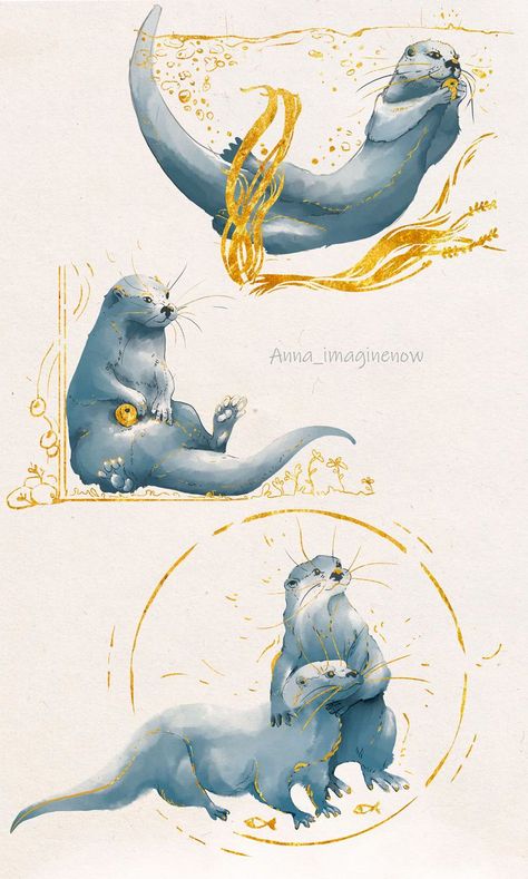 River Otter Illustration, Otter Art Illustration, Genshin Otter, Sea Otter Illustration, River Otter Art, Otter Tattoos, Otter Watercolor, Sea Otter Art, Otter Drawing