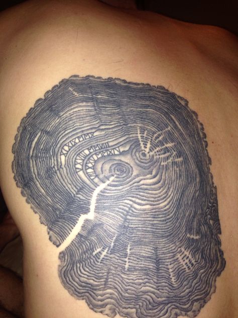 Tree ring tattoo with wedding date and kids birthdays. Wood Rings Tattoo, Tree Ring Tattoo, Black And Blue Tattoo, Wood Tattoo, Etching Tattoo, Woodcut Tattoo, Cool Shoulder Tattoos, Ring Tattoo, Small Shoulder Tattoos