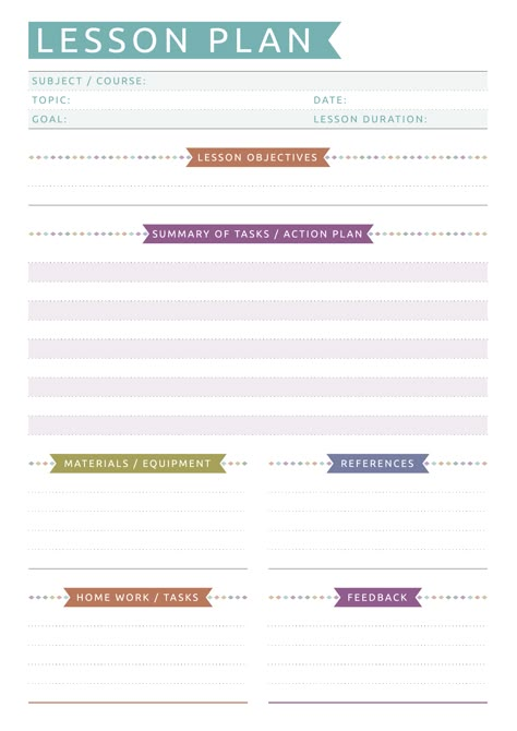 Printable teacher lesson plan to help you prepare for the next lesson, make notes, list of materials and references. Sections available in this template: Subject / Course name, Topic, Goal, Date, Lesson Duration, Lesson Objectives, Summary of tasks / Action plan, Materials / Equipment, References, Home Work / Tasks, Feedback  #lessonplantemplate #lessonplanpdf #personalizedteacherplanner #printablesandinspirations #stationeryaddict Free Lesson Planner, Lesson Objectives, Printable Teacher Planner, Teacher Lesson Plans Template, Blank Lesson Plan Template, Teacher Planner Templates, Lesson Plan Pdf, Weekly Lesson Plan Template, Teaching Lessons Plans