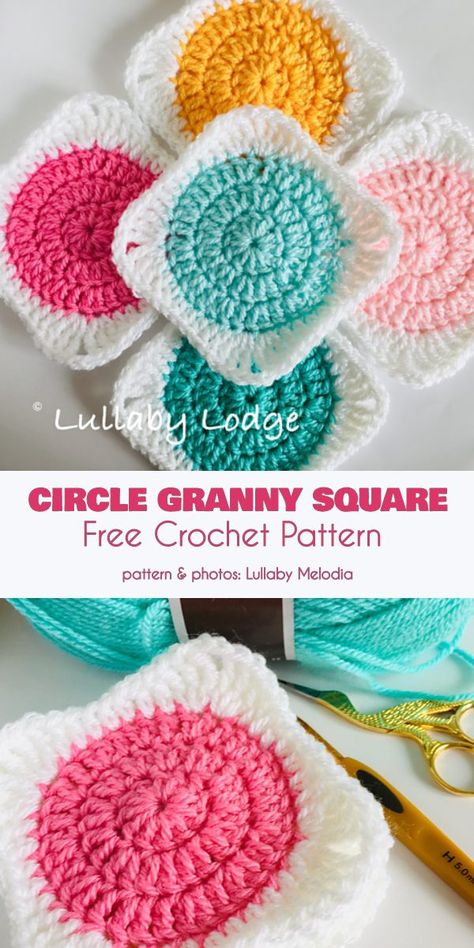 Circle Granny Square Free Crochet Pattern #freecrochetpattern #crochetsquares Circle Square Granny Square, Multi Color Granny Square Crochet Pattern, Free Crochet Granny Square Blanket Patterns, Granys Crochet Squares Easy, Easy Granny Square Designs, Crochet Granny Square 2 Color, Crochet Circle Square Pattern, Granny Square Crochet Pattern Blankets, Circle To Square Crochet