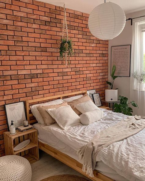 Bedroom With Brick Accent Wall, Brick Wall Bedroom Decor, Exposed Brick Walls Bedroom, Exposed Brick Bedroom, Bedroom Brick Wall, Nyc Room, Brick Wall Bedroom, Nyc Bedroom, Brick Bedroom