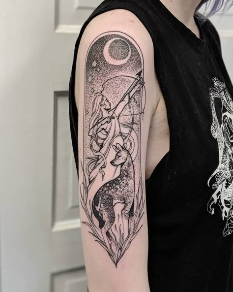 Greek mythology tattoo - Artemis tattoo - goddess tattoo Artimus Tattoo, Diana The Huntress Tattoo, Goddess Diana Tattoo, Huntress Tattoo, Diana Huntress, Tapestry Tattoo, Greek Goddess Tattoo, Artemis Tattoo, Medium Size Tattoos