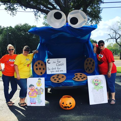 Cookie Monster/Sesame Street Trunk or Treat Trunk Or Treat Ideas Sesame Street, Sesame Street Trunk Or Treat Ideas, Trunk Or Treat Sesame Street, Trunk Or Treat Cookie Monster Ideas, Schoolers Crafts, Diy Cookie Monster Trunk Or Treat, Trunk Or Treat Ideas For Cars Cookie Monster, Sesame Street Trunk Or Treat, Cookie Monster Truck Or Treat Ideas