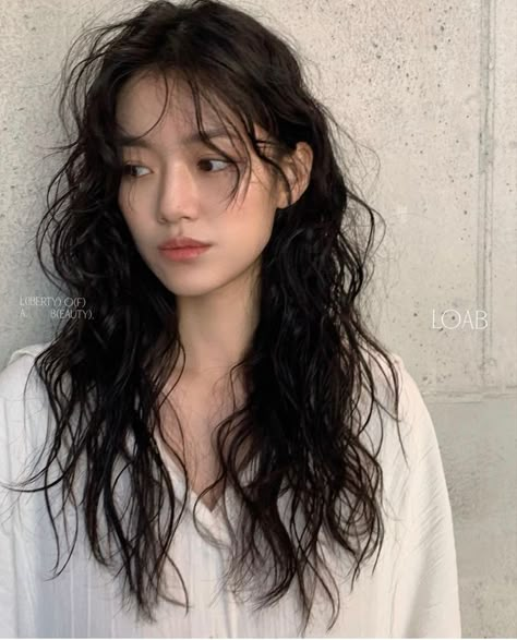 Korean Hairstyle Curly Hair, Korean Perm Wavy Hair, Curly Long Hair Layers, Korean Girl Curly Hair, Womens Perm, Curly Korean Hair, Long Wavy Wolf Cut, Haircuts For Naturally Wavy Hair Medium, Digital Perm Long Hair