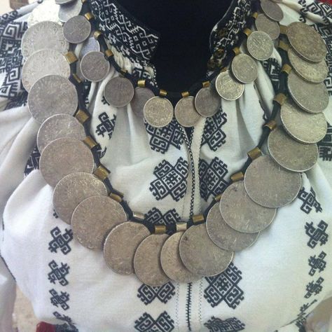 "Salba" Romanian necklace with old coins. Muzeul Taranului Roman's collection, Bucharest.  Photo: Raluca Jurcovan — — in Bucharest, Romania. Traditional Romanian Jewelry, Romania Culture, Romanian Aesthetic, Romanian Clothes, Romanian Jewelry, Romanian Culture, Romanian Clothing, Roma People, Cultural Appreciation