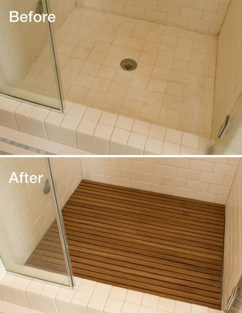 Adding teak to your shower floor instantly upgrades the look and hides the ugly… Rustic Bathroom Remodel, Makeover Kamar Mandi, Farmhouse Bathroom Remodel, Bilik Air, Decor Baie, Diy Bathroom Remodel, Bathroom Goals, Bathroom Remodel Shower, Affordable Decor