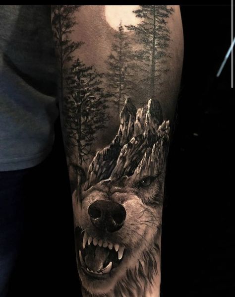 Mountain Sleeve Tattoo, Wolf Tattoo Forearm, Waterfall Tattoo, Wilderness Tattoo, Bear Tattoo Designs, Animal Sleeve Tattoo, Nature Tattoo Sleeve, Wolf Tattoo Sleeve, Bear Tattoos