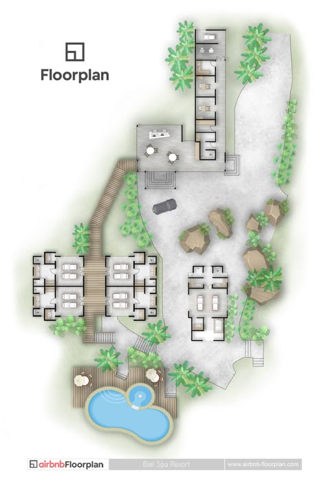 As well as floor plans we create full colour site plans for all purposes such as this spa resort on the island of Bali. Wellness Spa Layout Plan, Spa Resort Architecture, Resort Admin Block Plan, Small Resort Design Plan Layout, Bali Resort Design, Resort Floor Plan Layout, Wellness Resort Design, Wellness Resort Architecture, Wellness Center Floor Plan