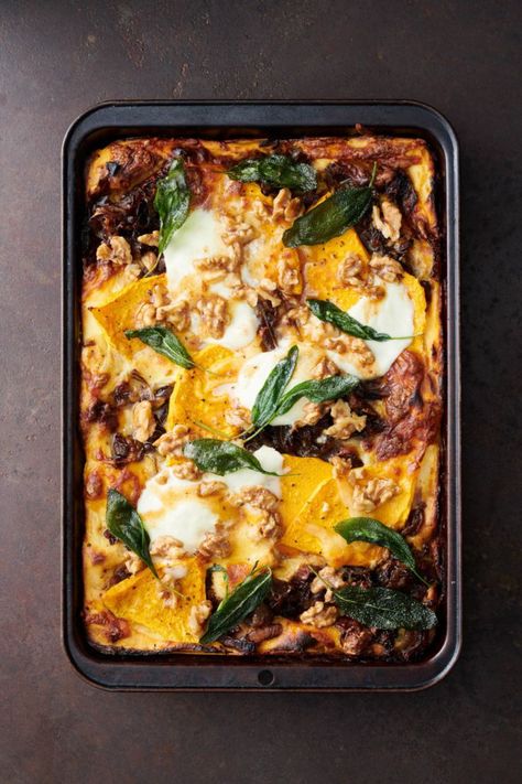 Forget the beef, this vegetarian lasagne is full of flavour. Try this delicious vegetarian pasta for your next winter dinner recipes or as a comfort food idea. Find this and more winter pasta recipes at dish.co.nz Cosy Meals, Vegetarian Lasagne, Winter Pasta, Caramelised Onion, Sage Butter, Pumpkin Sauce, Winter Dishes, Sweet Pumpkin, Perfect Pasta