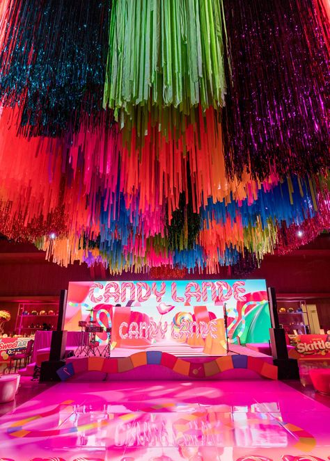 Fun Bar Design, Neon Float Ideas, Colorful Dance Floor, Candyland Theme Dance, Candyland Prom Theme, Candy Land Prom Theme, Fun Ceiling Ideas, Candyland Homecoming Theme, Candyland Dance Theme