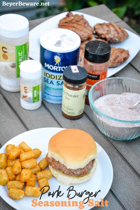 Pork Burger Seasoning Salt is a combination of three salts, paprika and chili powder to create a seasoning salt that is perfect on pork burgers, pork chops and even chicken and beef. #pork #Burgers #Seasonings #Salt #Spices #Grilling #Recipes Burger Recipes Seasoning, Seasoning Salt Recipe, Pork Chop Seasoning, Pork Chop Recipes Grilled, Pork Seasoning, Pineapple Pork, Burger Seasoning, Salt Pork, Pork Chicken