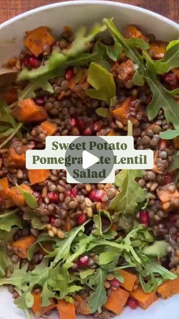 Diane Morrisey on Instagram: "This salad is as beautiful to look at as it is healthy for us to eat!  It is high in protein and fiber and is just so delicious.  It would make a wonderful vegetarian side to your Holiday tables this year! #vegan
.
.
Sweet Potato, Pomegranate & Lentil Salad 
.
.
1 sweet potato, peeled and sliced
1 tbls olive oil
Kosher salt and pepper 
I cup cooked lentils, made according to the pkg instructions (I like Beluga or Puy lentils)
1 small red onion, finely diced
2 tbsp toasted pine nuts
1/2 cup pomegranate seeds
2 handfuls of arugula 

Dressing:
1 tbsp balsamic vinegar
1 tbsp pomegranate molasses
1 tbsp extra virgin olive oil
1 tsp date syrup
Add to a small jar, cover abs mix to combine. 

Preheat the oven to 425F. 
Toss the sweet potato slices with the olive oil, Arugula Dressing, Sweet Potato Pomegranate, Eoe Diet, Cooked Lentils, Puy Lentils, Cold Salad Recipes, Winter Salads, Date Syrup, Potato Slices