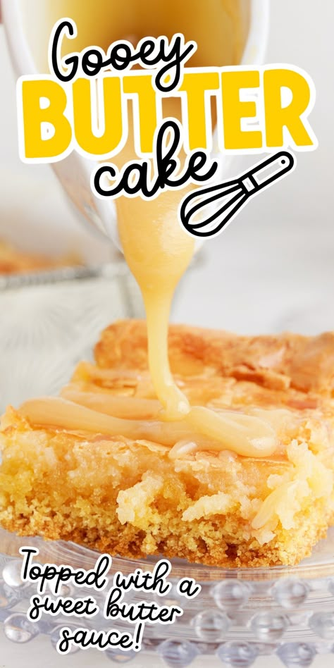 Every bite of butter cake has a rich buttery cake mix crust with a smooth cream cheese filling and covered with a sweet butter sauce. Make this easy cake recipe using pantry staples! Butter Cake Gooey, Cake Mix Crust, Paula Deen Butter Cake, Homemade Essentials, Gooey Butter Cake Recipe, Summer Desserts Gluten Free, Baked Cream Cheese, Gooey Cake, Boxed Cake Mixes Recipes