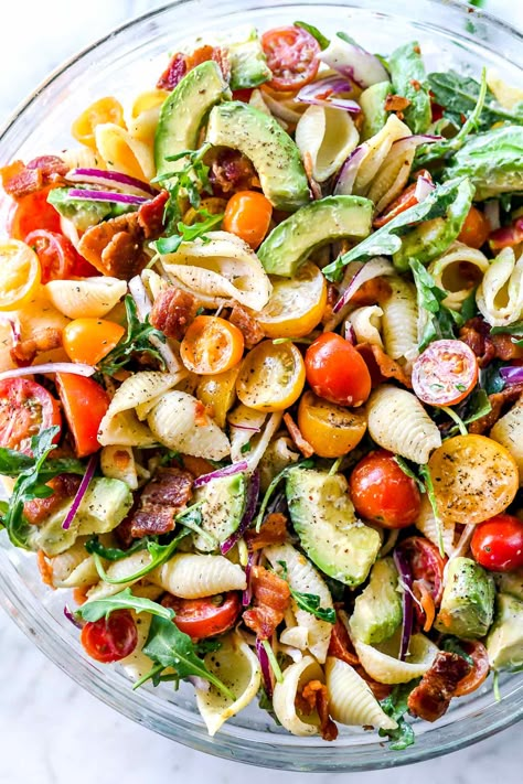 Pasta Salad With Avocado Dressing, Pasta Salad With Avocado, Salad With Avocado Dressing, Homemade Pasta Salad, Bacon Pasta Salad, Blt Pasta Salad, Cottage Meals, Avocado Pasta Salad, Blt Pasta