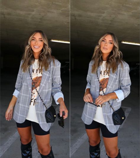 Grey Blazer Black Boots Gray Oversized Blazer Outfit, T Shirt Blazer Outfit, Grey Blazer Women Outfit, Oversized Blazer Outfit Night, Checkered Blazer Outfit, Gray Blazer Outfit Women, Grey Blazer Women, Grey Blazer Outfit, Oversized Blazer Outfit