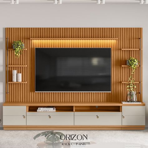 Descubra o requinte e a funcionalidade do Rack Para Sala com Painel Ripado Para TV Orizon Nature Off White, uma peça exclusiva da Lyam Decor. Este mobiliário é a perfeita junção de design contemporâneo e elegância atemporal, prometendo transformar sua sala de estar em um ambiente de puro estilo. Não se trata apenas de um móvel, mas de uma experiência visual e funcional que eleva o padrão de qualquer ambiente. Tenha em sua casa um exemplar de design que é ao mesmo tempo inovador e clássico, re... Simple Tv Unit Design, Tv Rack Design, Modern Tv Unit Designs, Tv Unit Furniture Design, Tv Cabinet Design, Tv Unit Furniture, Tv Unit Interior Design, Modern Tv Units, Wall Tv Unit Design