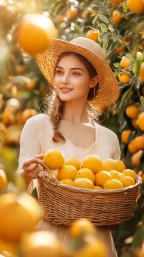 ↑↑↑ Larger size on website 🔸 A young woman with long braided hair, wearing a straw hat and a white sweater, is standing in an orc Holding A Potted Plant Pose, Long Braided Hair, Orange Forest, Braided Hair, Yellow Tones, Braids For Long Hair, White Sweater, Commercial Photography, Her Smile