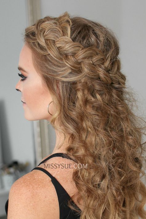 Lioness Half Up Crown Braid | MISSY SUE Curly Half Up Half Down Braid, Braided Crown Hairstyles Half Up, Braid Crown Curly Hair Half Up, Curly Crown Braid, Braided Crown Curly Hair, Curly Hair Crown Braid, Curly Braid Crown, Plait Crown Half Up, Braid With Curly Hair