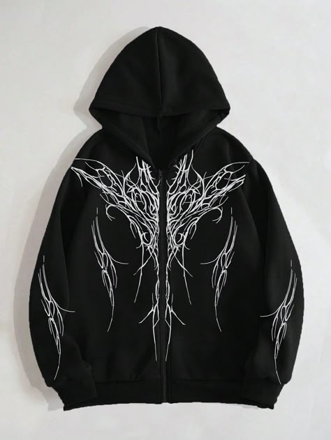 Black Street Collar Long Sleeve Fabric Graphic Zip Up Embellished Slight Stretch Spring/Fall Men Clothing Printed Zip Up Hoodie, Goth Hoodie Men, Goth Clothes Men, Black Zip Up Hoodie Outfit, Graphic Zip Up Hoodies, Black Graphic Hoodie, Goth Men, Bleach Hoodie, Goth Guys