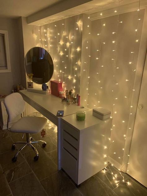 Desk String Lights, Lights To Put In Your Room, Dangling Lights In Bedroom, Hanging Led Lights In Bedroom, Hanging Fairy Lights In Bedroom, Fairy Lights Behind Bed, Fairy Lights Bedroom Ideas Simple, Where To Hang Fairy Lights Bedroom Ideas, Room Ideas Fairy Lights