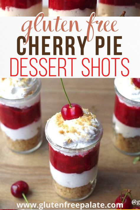 These Cherry Pie Dessert Shots should be on everyone’s to-make list. These stunning mini desserts in a glass are simple to make and will have everyone licking their spoons. You are going to love this gluten free cherry dessert recipe. Gluten Free Desserts In A Jar, Gluten Free Mini Dessert Cups, Gluten Free Bridal Shower Desserts, Gluten Free Dessert Shooters, Gluten Free Individual Desserts, Gluten Free Wedding Desserts, Gluten Free Cherry Desserts, Gluten Free Mini Desserts, Cherry Cheesecake Shooters