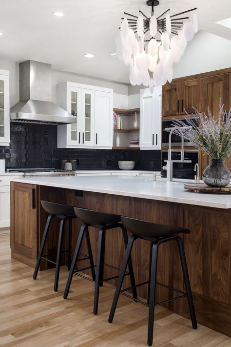 Kitchen Dark Cabinets Light Island, Dark Wood Stain Kitchen Island, Barstools In Dark Wood Kitchen, Light Wood Island Dark Floors, Dark Wood Kitchen Island, Dark Cabinets Light Island Walnut, Kitchen With Dark Cabinets, Craftsman Style Kitchen, Glossy Accents