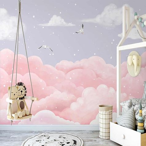 Pink Cloud Nursery, Girls Bedroom Wallpaper, Kindergarten Wallpaper, Clouds Nursery, Nursery Wall Murals, Cloud Wallpaper, Wall Mural Wallpaper, Star Nursery