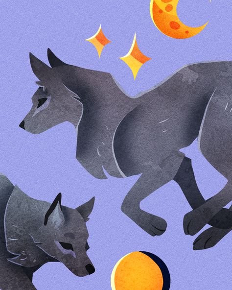 Wolf pack illustrations, clipart set with stars and moon Wolf Moon Illustration, Wolf Pack Illustration, Howling Wolf Art, Wolf Folk Art, Creature Doodles, Wolf Doodle, Wolves Illustration, Night Animals, Star Wolf